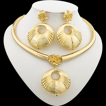 African Placat cu Aur de 18k Set de Bijuterii pentru Femei Hoop Cercei si Pandantiv Set Italian de Culoare de Aur Nunti Brățară Ring Bijuterii