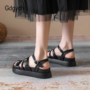 Gdgydh Stil Coreean Sandale Cu Platforma Pentru Femei Sandale De Moda Casual, Pantofi Glezna Curea Cataramă De Metal Talpă Groasă Din Piele Neagra