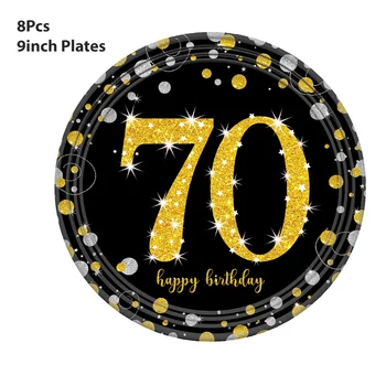 A 70-a Aniversare Tacamuri de unica folosinta Set Negru Plăci de Aur Cupa Banner Țesut pentru Adult de 70 de Ani, la Petrecerea de Ziua Decor Consumabile