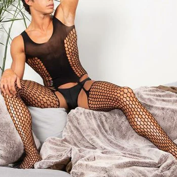 Barbati Fetish Dantelă Lenjerie de corp pentru Bărbați Corpului Ciorapi de Om Fishnet Costume Purta Lenjerie Sissy Salopeta Erotic Masculin Sleepwear