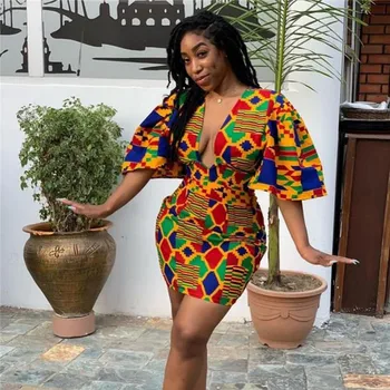 Sexy V-Neck African Print Mini Bodycon Rochie Femei 2022 Vara Noi Dashiki Rochie de Petrecere Afro Rochii pentru Femei Haine Africane