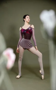 Balet Tricou pentru Femei de Formare Costum Adult Gimnastica Costum de Îmbinare de Pe Umăr Plasă de Balet Actrita Costum de Scena