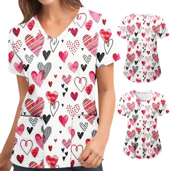 Ziua Îndrăgostiților Asistenta Uniforme Femei Dragoste Inima De Imprimare Medicale Halat De Lucru Scurt Maneca Uniformă Bluza Scrubs Azil De Lucru