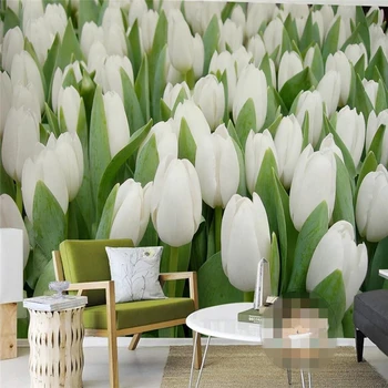 Personalizate 3D Murală Tapet pentru Perete Autocolant Alb Floare de Lalea Mare de Flori FLORALE FUNDAL VERDE papel de parede cameră decor
