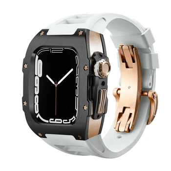 Modificarea Kit Capac de Metal Pentru Apple Watch 8 7 6 54 44mm 45mm Caz pentru iWatch Serie SE Curea din Cauciuc Cadru din Oțel Inoxidabil Set