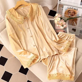 Dantela Sleepwear Camasa Pantaloni De Femei Pijama Velour Suit Rever Acasă Haine De Toamnă Două Piese De Îmbrăcăminte De Noapte Lenjerie