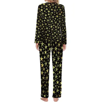 Black Gold Star Pijamale Luminoase Strălucitoare Imprimare 2 Piese De Petrecere A Timpului Liber Seturi De Pijama Femei Cu Maneci Lungi Cald Supradimensionate Îmbrăcăminte De Noapte