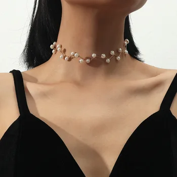 Noul Pearl Colier Pentru Femei Kpop Perla Cravată Colier De Aur De Culoare Goth Chocker Bijuterii Pe Gât Pandantiv Moda 2021