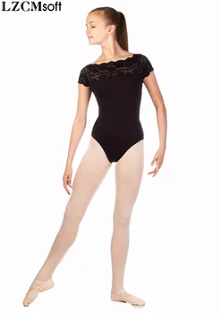 LZCMsoft Fete Dantelă Neagră, Tricou Pentru Gimnastica Copil Spandex Nylon Mâneci Scurte Balet Tricouri Pentru Dans Echipa Performanta