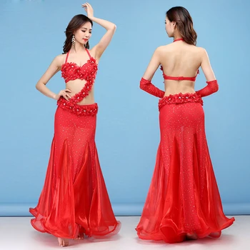 Roșu Femeile Dans Purta Stil Oriental Flori Fuste Maxi Paiete Belly Dance Costum 4buc Set (Sutien, Curea, Fusta & Mâneci)
