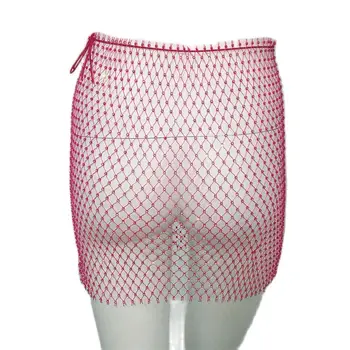 Strălucitoare Stras Fishnet Fusta Mini Moda Gol Afară De Femei Fuste De Vara Sexy Clubwear Moda Acoperi Beachwear Pentru Doamna