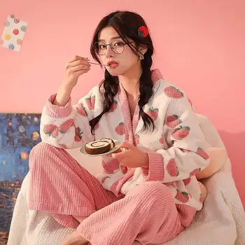 Iarna Femei Coral Fleece Set De Pijama Cu Maneci Lungi Pantaloni 2 Bucati/Seturi Îngroșa Flanel Cald Sleepwear Homewear