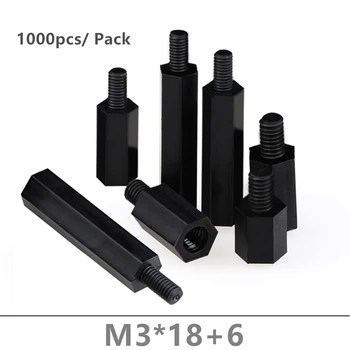 1000pcs Nylon Negru distanțier M3*18+6 Hex Nailon impas distanțiere M3x18+6mm pentru PCB bord Fix theaded piloni