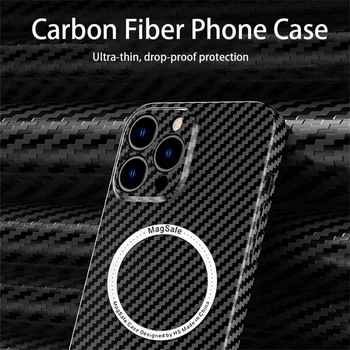 Fibra de Carbon Textura Pielii Pentru Magsafe Magnetic Wireless de Încărcare de Caz Pentru iPhone 14 13 12 11 Pro Max Mat Greu de Acoperire rezistent la Șocuri