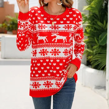 Toamna Iarna Nou pulover Pulover de Crăciun Elan de Imprimare Vrac Maneca Lunga Topuri de Moda Gât Bumbac T-Shirt Îmbrăcăminte pentru Femei