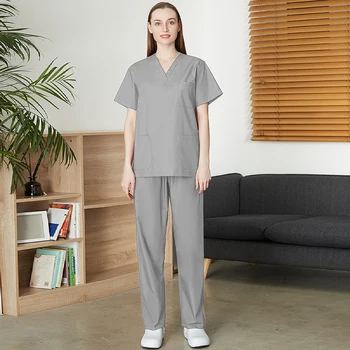 Gri antivegetative de înaltă calitate, buzunar mare scrub (tricou + pantaloni) de izolare centru de asistenta medicala respirabil halat chirurgical en-gros