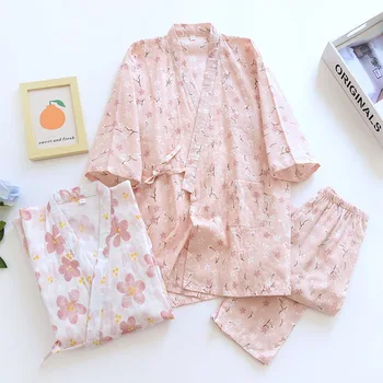 98% Bumbac Peach Blossom de Kimono pentru Femei Pijama Set Japonez Tifon Subțire Secțiunea Dantela-up Sudoare Abur Yukata Set de Pijamale