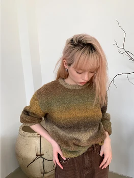 2022 Toamna Iarna Femei Retro Gradient cu Dungi Estetice Tricotaje O-neck Maneca Lunga Femei Unită pulover Pulover de Pluș de Bază
