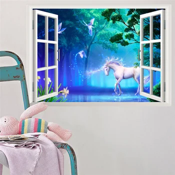 Unicorn 3D Fals Fereastra de Autocolante de Perete Pentru Camera Copii Dormitor Decor Acasă Animale de Pădure Peisaj de Artă Murală Diy din PVC Decalcomanii
