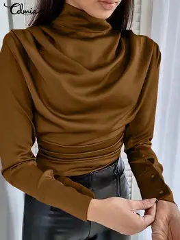 Celmia Femei Camasa Eleganta De Partid Satin Stivuire Cutat Bluze Vintage 2022 Moda Cu Maneci Lungi Solid Blusas Guler Înalt Topuri