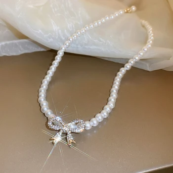 Stil francez de Epocă Temperament Pearl Colier pentru Femei Bowknot Încrustat Bling Zircon Clavicula Lanț Colier Bijuterii Accesorii