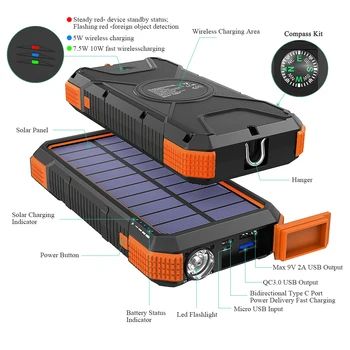 Solar Power Bank 20000mAh QI Wireless Încărcător Solar cu Lanterna si Busola, rezistent la apa Portabil Baterie Externă pentru iOS