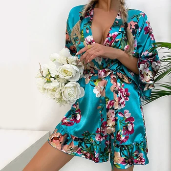 Estetic Cardigan Maneca Jumătate Midi Bandaj Rochie de Imprimare Florale Pijamale, Haine de Toamna pentru Femei 2022 Moda Sexy Lounge Purta