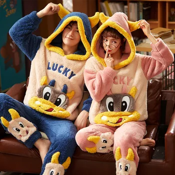 Iarna Cupluri Seturi De Pijamale Femei Bărbați Îngroșa Hanorace Sleepwear Vacă De Desene Animate Anime Coreene Liber Pijamale Costum Moale Cald Homewear